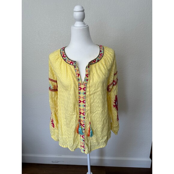 Soft Surroundings Yellow Red Embroidered Tassel Boho Long Sleeve Blouse Medium - Picture 1 of 8